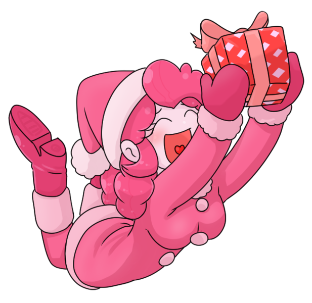 Size: 654x636 | Tagged: safe, alternate version, artist:batipin, derpibooru import, part of a set, pinkie pie, human, equestria girls, breasts, christmas, christmas presents, clothes, costume, eyes closed, hat, holiday, image, looking at you, open mouth, png, present, santa costume, santa hat, simple background, transparent background