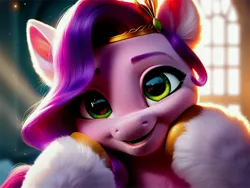 Size: 4096x3072 | Tagged: prompter needed, safe, ai content, derpibooru import, machine learning generated, stable diffusion, pipp petals, pegasus, pony, g5, chest fluff, crown, cute, ear fluff, generator:pony diffusion v6 xl, generator:purplesmart.ai, hoof fluff, image, jewelry, jpeg, looking at you, regalia, show accurate, smiling, solo, wings