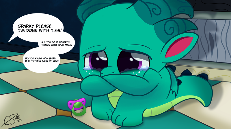 Size: 1920x1080 | Tagged: safe, artist:cobaltskies002, derpibooru import, sparky sparkeroni, g5, collaboration:sad my little pony g5, crying, dialogue, fetal position, image, png, solo