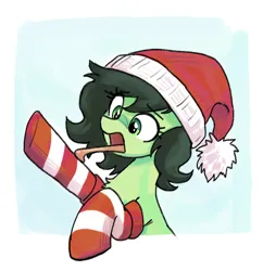 Size: 479x495 | Tagged: safe, artist:plunger, oc, oc:anonfilly, unofficial characters only, pony, candy, candy cane, candy cane socks, chest fluff, christmas, clothes, female, filly, food, hat, holiday, image, passepartout, png, santa hat, socks, solo, tongue out, tongue stuck to pole