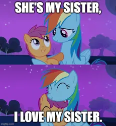 Size: 500x542 | Tagged: safe, derpibooru import, edit, edited screencap, screencap, rainbow dash, scootaloo, pegasus, pony, sleepless in ponyville, ^^, barney the dinosaur, cute, cutealoo, daaaaaaaaaaaw, dashabetes, duo, eyes closed, female, filly, foal, hug, image, jpeg, looking at each other, looking at someone, mare, meme, night, scootalove, siblings, sisters, smiling, smiling at each other, song in the description, starry night, wholesome, winghug, wings