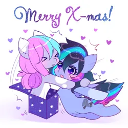 Size: 3000x3000 | Tagged: safe, artist:monstrum, derpibooru import, oc, oc:nancy, oc:skyla, unofficial characters only, earth pony, pegasus, pony, box, christmas, gift art, holiday, image, oc x oc, png, pony in a box, present, shipping