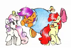 Size: 2048x1376 | Tagged: safe, artist:liaaqila, derpibooru import, apple bloom, scootaloo, sweetie belle, earth pony, pegasus, pony, unicorn, adorabloom, apple bloom's bow, bow, cute, cutealoo, cutie mark crusaders, diasweetes, hair bow, image, jpeg, magic, magic aura, party cannon, pony cannonball, simple background, trio, white background
