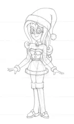 Size: 2106x3510 | Tagged: safe, artist:supra80, derpibooru import, fluttershy, human, equestria girls, boots, breasts, christmas, christmas outfit, clothes, collar, costume, dress, female, hat, holiday, image, monochrome, pencil drawing, png, santa costume, santa hat, shoes, solo, solo female, traditional art