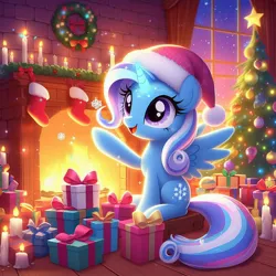 Size: 1024x1024 | Tagged: safe, ai content, artist:3d4d, derpibooru import, machine learning generated, trixie, alicorn, alicornified, christmas, holiday, image, jpeg, race swap, trixiecorn