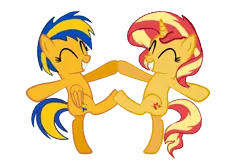 Size: 1200x800 | Tagged: safe, artist:mlpfan3991, derpibooru import, sunset shimmer, oc, oc:flare spark, pegasus, unicorn, bipedal, canon x oc, dancing, eyes closed, female, g4, image, lesbian, png, ship:flareset, shipping, simple background, smiling, transparent background