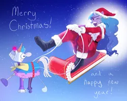Size: 2330x1855 | Tagged: safe, artist:aztrial, derpibooru import, izzy moonbow, anthro, unicorn, g5, boots, christmas, clothes, costume, cute, fake moustache, female, hat, holiday, image, izzybetes, one eye closed, open mouth, pants, png, santa costume, santa hat, señor butterscotch, shoes, sleigh, solo