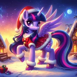 Size: 1024x1024 | Tagged: prompter needed, safe, ai content, derpibooru import, machine learning generated, twilight sparkle, twilight sparkle (alicorn), alicorn, pony, bench, christmas, clothes, costume, female, full moon, g4, generator:dall-e 3, hat, holiday, hoof boots, house, image, jpeg, looking sideways, mare, moon, night, night sky, one leg raised, present, santa costume, santa hat, sky, snow, solo, spread wings, stars, wings, winter, wrong cutie mark