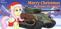 Size: 1920x920 | Tagged: safe, artist:edy_january, artist:prixy05, derpibooru import, fluttershy, pegasus, pony, g5, my little pony: tell your tale, christmas, clothes, costume, g4, g4 to g5, generation leap, hat, holiday, image, m4 sherman, m4a3e8, png, rudolph (sherman tank), santa costume, santa hat, sherman (tank), simple background, socks, solo, stockings, tank (vehicle), thigh highs, world of tanks, world of tanks blitz