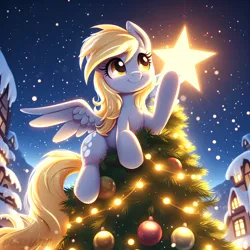 Size: 2048x2048 | Tagged: safe, ai content, derpibooru import, machine learning assisted, derpy hooves, pegasus, pony, a hearth's warming tail, christmas, cute, g4, hearth's warming eve, holiday, image, night, normal eyes, png, ponyville, prompter:ponaiart, shining, shiny, smiling, snow, solo, spread wings, stars, tree, wings