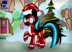 Size: 5760x4154 | Tagged: safe, artist:damlanil, derpibooru import, oc, oc:nightlight aura, pegasus, pony, bodysuit, christmas, christmas decoration, christmas tree, clothes, commission, decoration, female, goggles, hat, holiday, house, image, latex, latex suit, mare, png, rubber, santa hat, shiny, show accurate, snow, solo, suit, tree, uniform, vector, wings, wonderbolts, wonderbolts uniform