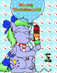 Size: 2325x2984 | Tagged: safe, artist:puffydearlysmith, derpibooru import, oc, oc:fancy confetti, pegasus, pony, g5, balloon, bow, chest fluff, christmas, clothes, eyes closed, fat, female, hair bow, holiday, ice cream cone, image, mare, pegasus oc, png, scarf, tail, tail bow, tongue out, wings