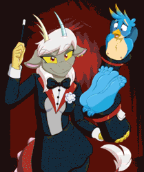 Size: 733x878 | Tagged: suggestive, artist:caroo, derpibooru import, discord, gallus, anthro, draconequus, gryphon, plantigrade anthro, animated, bondage, bowtie, breasts, clothes, eris, feet, g4, gif, image, implied tickling, magic, magician, magician outfit, male nipples, nipples, nudity, rule 63, tuxedo
