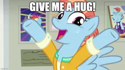 Size: 888x499 | Tagged: safe, derpibooru import, edit, edited screencap, screencap, rainbow dash, windy whistles, pegasus, pony, parental glideance, baby, clothes, cute, female, freckles, hooves up, hug, image, jacket, jpeg, mare, meme, open mouth, open smile, picture, smiling, windybetes
