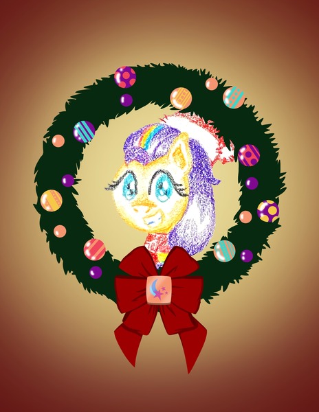 Size: 2550x3300 | Tagged: safe, artist:flutterluv, derpibooru import, part of a set, sunny starscout, earth pony, pony, g5, bust, christmas, christmas wreath, gradient background, grin, hat, holiday, image, jpeg, portrait, santa hat, smiling, solo, wreath