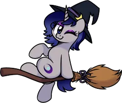 Size: 2946x2484 | Tagged: safe, artist:sugar morning, derpibooru import, oc, oc:moonlit silver, unofficial characters only, pony, unicorn, derpibooru community collaboration, 2024 community collab, broom, eyeshadow, female, flying, flying broomstick, g4, gradient mane, gradient tail, hat, hooves, horn, image, lidded eyes, looking at you, makeup, one eye closed, png, short tail, simple background, tail, transparent background, wink, winking at you, witch, witch hat