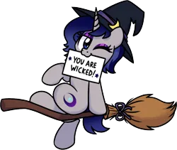 Size: 2946x2484 | Tagged: safe, artist:sugar morning, derpibooru import, oc, oc:moonlit silver, unofficial characters only, pony, unicorn, broom, eyeshadow, female, flying, flying broomstick, g4, gradient mane, gradient tail, hat, hooves, horn, image, lidded eyes, looking at you, makeup, one eye closed, png, short tail, sign, simple background, tail, transparent background, wink, winking at you, witch, witch hat