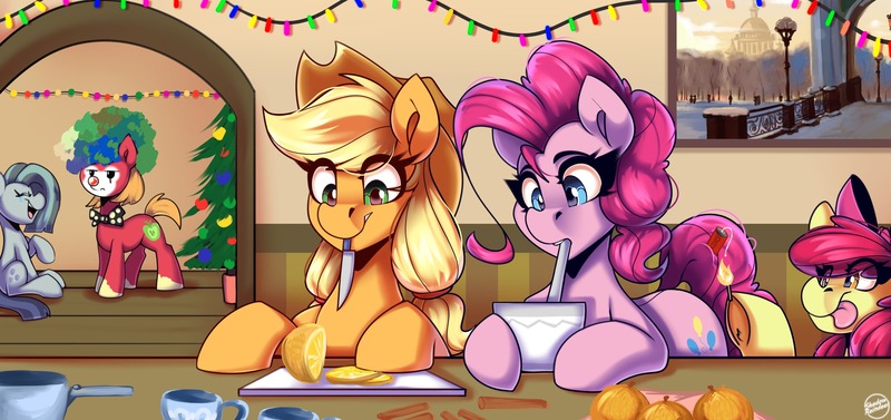 Size: 3500x1650 | Tagged: safe, artist:shadowreindeer, derpibooru import, apple bloom, applejack, big macintosh, marble pie, pinkie pie, earth pony, pony, christmas, christmas tree, clown, clown nose, clown wig, holiday, image, joke, jpeg, mulledwine, red nose, tree