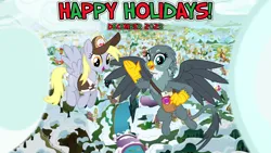 Size: 2064x1161 | Tagged: safe, artist:cheezedoodle96, artist:not-yet-a-brony, derpibooru import, gryphon, pegasus, 2023, bag, christmas, cloud, december, friendship, g4, happy holidays, hearth's warming, holiday, image, lyrics in the description, mail, mailbag, mailmare, png, ponyville, scenic ponyville, smiling, snow, song in the description, youtube link in the description