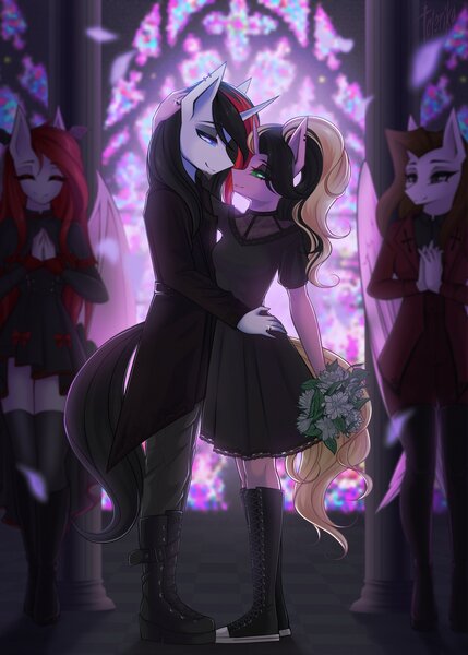 Size: 2926x4096 | Tagged: safe, artist:taleriko, ponerpics import, oc, unofficial characters only, anthro, breasts, goth, image, jpeg, marriage, wedding