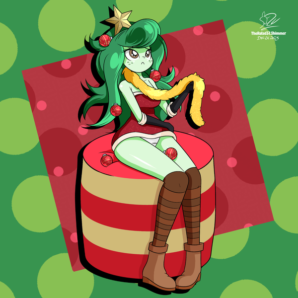 Size: 1920x1920 | Tagged: suggestive, artist:theratedrshimmer, derpibooru import, wallflower blush, human, equestria girls, adorasexy, christmas, christmas ornament, christmas tree, cute, decoration, female, flowerbetes, holiday, image, png, sexy, solo, tree