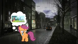 Size: 1600x900 | Tagged: safe, artist:horseboy223, derpibooru import, rainbow dash, scootaloo, soarin', pegasus, pony, abandoned, building, car, city, cloud, cloudy, crying, dead tree, female, foal, heartbreak, image, irl, lonely, looking down, male, people, photo, png, purple mane, rain, real life background, sad, sadness, shipping, small wings, soarindash, straight, street, streetlight, thinking, thought, thought bubble, town, tree, umbrella, vehicle, wings