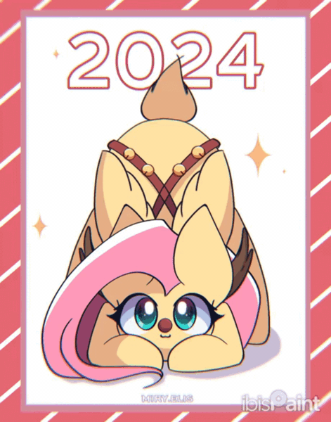 Size: 1100x1400 | Tagged: safe, artist:miryelis, derpibooru import, fluttershy, deer, deer pony, hybrid, original species, pegasus, animated, bell, cute, face down ass up, female, full body, gif, image, long hair, looking at you, nudity, ribbon, shyabetes, signature, simple background, smiling, solo, sparkles, vulva, white background, wings