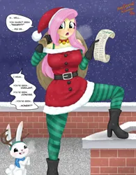 Size: 1280x1642 | Tagged: safe, artist:lennondash, derpibooru import, angel bunny, fluttershy, human, rabbit, equestria girls, animal, antlers, bells, belt, boots, breasts, busty fluttershy, buttons, chimney, christmas, christmas outfit, cleavage, clothes, collar, dialogue, g4, gloves, hat, holiday, image, jpeg, list, open mouth, outdoors, paper, sack, santa hat, scarf, shoes, snow, word bubble