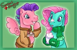 Size: 1603x1044 | Tagged: safe, artist:partyponypower, derpibooru import, coconut grove, minty, earth pony, pegasus, pony, g3, card, chocolate, christmas, christmas card, clothes, food, holiday, hot chocolate, image, mittens, png, scarf, shipping, smiling, surprised, sweater, whipped cream