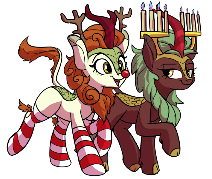 Size: 1300x1100 | Tagged: safe, artist:rocket-lawnchair, derpibooru import, autumn blaze, cinder glow, summer flare, kirin, antlers, christmas, clothes, duo, female, hanukkah, hockless socks, holiday, image, lidded eyes, menorah, open mouth, open smile, png, red nose, reindeer antlers, simple background, smiling, socks, striped socks, white background