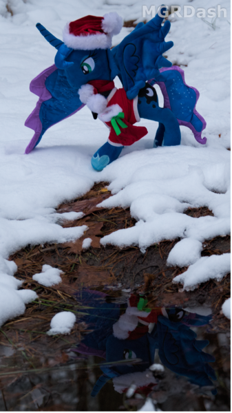 Size: 827x1472 | Tagged: safe, artist:mgrdash, derpibooru import, princess luna, alicorn, pony, christmas, christmas outfit, clothes, holiday, image, irl, photo, plushie, png, ponies in real life, snow, winter outfit