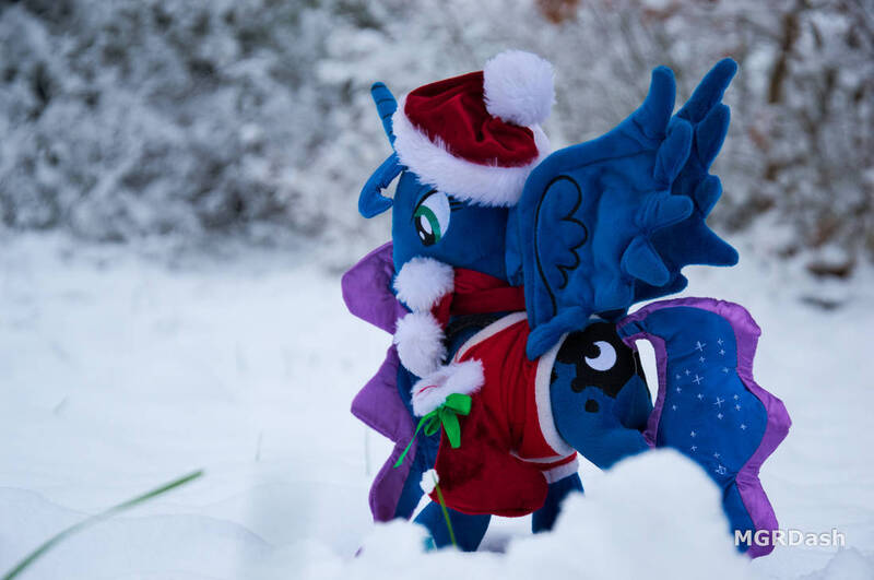 Size: 1097x728 | Tagged: safe, artist:mgrdash, derpibooru import, princess luna, alicorn, pony, christmas, christmas outfit, clothes, holiday, image, irl, jpeg, photo, plushie, ponies in real life, snow, solo, winter