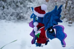 Size: 1097x728 | Tagged: safe, artist:mgrdash, derpibooru import, princess luna, alicorn, pony, christmas, christmas outfit, clothes, holiday, image, irl, jpeg, photo, plushie, ponies in real life, snow, solo, winter