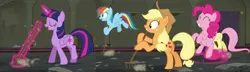 Size: 1935x556 | Tagged: safe, composite screencap, derpibooru import, edit, edited screencap, editor:incredibubbleirishguy, screencap, applejack, fluttershy, pinkie pie, rainbow dash, twilight sparkle, twilight sparkle (alicorn), alicorn, the saddle row review, broom, brush, image, panorama, png, sweeping, sweepsweepsweep, twilight sweeple