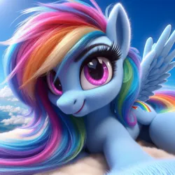 Size: 1024x1024 | Tagged: safe, ai content, machine learning generated, ponerpics import, ponybooru import, rainbow dash, pegasus, pony, alternate cutie mark, anatomically incorrect, bing, butt wings, cloud, female, fluffy, happy, image, jpeg, looking at you, mare, on a cloud, prone, smiling, solo, wings