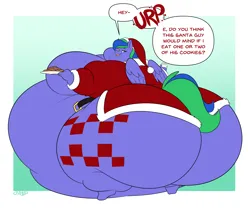 Size: 5168x4309 | Tagged: suggestive, artist:jangleforks, derpibooru import, oc, oc:felicity stars, unofficial characters only, anthro, pegasus, belly, big belly, butt, christmas, clothes, cookie, costume, dialogue, fat, female, food, holiday, huge belly, huge butt, image, impossibly large belly, impossibly large butt, large butt, morbidly obese, obese, png, santa costume, simple background