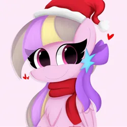 Size: 2048x2048 | Tagged: safe, artist:petaltwinkle, derpibooru import, oc, oc:petal twinkle, unofficial characters only, pegasus, pony, bust, christmas, clothes, eye clipping through hair, female, floating heart, hat, heart, holiday, image, jpeg, looking at you, mare, pink background, santa hat, scarf, simple background, smiling, smiling at you, solo