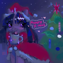 Size: 2048x2048 | Tagged: safe, artist:eunicidae, derpibooru import, twilight sparkle, chocolate, christmas, christmas tree, cute, food, hat, heart, holiday, hot chocolate, image, looking at you, mug, pigtails, png, santa hat, tongue out, tree, twintails