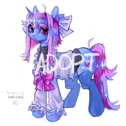 Size: 2048x2048 | Tagged: safe, artist:eunicidae, derpibooru import, oc, unicorn, adoptable, advertisement, blouse, bow, cake, clothes, cutie mark, food, hair bow, image, long hair, long tail, pink hair, png, red eyes, socks, stockings, sweater, tail, thigh highs, turtleneck