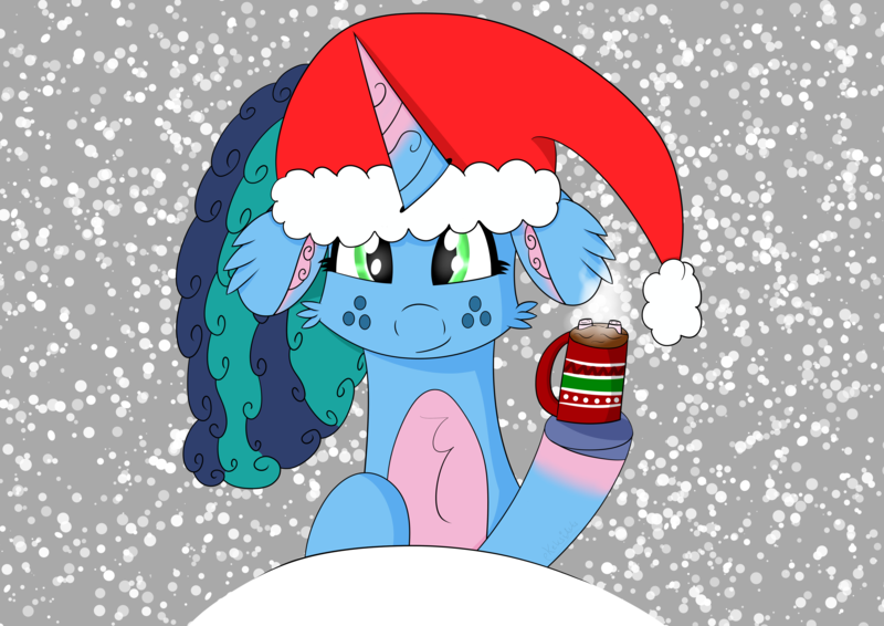 Size: 7016x4961 | Tagged: safe, artist:keksiarts, artist:syncedsart, derpibooru import, pony, unicorn, g5, 2023, bust, chocolate, christmas, cute, female, food, hat, holiday, hot chocolate, image, mare, marshmallow, misty brightdawn, mistybetes, new, png, retro misty, santa hat, shading, simple background, snow, solo, tablet drawing, winter