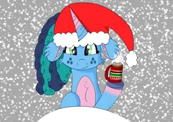 Size: 7016x4961 | Tagged: safe, artist:keksiarts, artist:syncedsart, derpibooru import, pony, unicorn, g5, 2023, bust, chocolate, christmas, cute, female, food, hat, holiday, hot chocolate, image, mare, marshmallow, misty brightdawn, mistybetes, new, png, retro misty, santa hat, shading, simple background, snow, solo, tablet drawing, winter