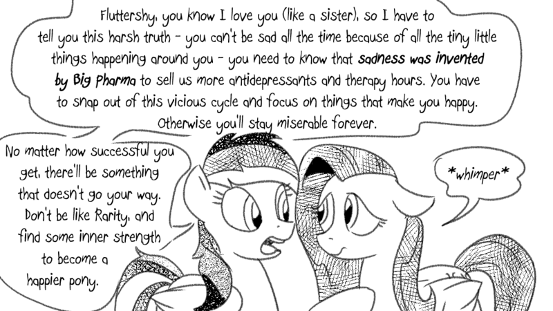 Size: 1200x675 | Tagged: safe, artist:pony-berserker, derpibooru import, fluttershy, rainbow dash, conspiracy theory, depressed, depression, image, png, pony-berserker's twitter sketches, pony-berserker's twitter sketches (2023)