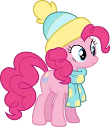 Size: 8426x9649 | Tagged: safe, artist:starryshineviolet, derpibooru import, pinkie pie, earth pony, pony, best gift ever, absurd resolution, beanie, clothes, female, frown, g4, hat, image, mare, png, scarf, simple background, solo, transparent background, vector, winter outfit