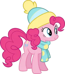 Size: 8791x10020 | Tagged: safe, artist:starryshineviolet, derpibooru import, pinkie pie, earth pony, pony, best gift ever, absurd resolution, beanie, clothes, female, g4, hat, image, mare, png, scarf, simple background, smiling, solo, transparent background, vector, winter outfit