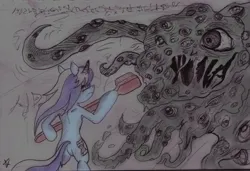 Size: 2443x1667 | Tagged: safe, artist:falloutfire, derpibooru import, minuette, pony, unicorn, bipedal, duo, female, fight, frown, hoof hold, image, jpeg, lovecraft, mare, tentacles, toothbrush, traditional art, yog sothoth, yog-sothoth