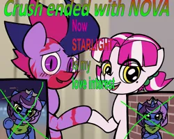 Size: 2000x1600 | Tagged: safe, artist:yamston, derpibooru import, oc, oc:princess nova(ltd), oc:spark greenfield, oc:starlight(ltd), unofficial characters only, alicorn, pony, zebra, fanfic:living the dream, 2023, blue coat, blushing, colt, crown, fanfic art, female, filly, foal, friendship ended, green eyes, image, jewelry, male, meme, parent:oc:frederic bourdages, parent:oc:lance greenfield, parent:princess luna, parent:twilight sparkle, parents:canon x oc, pigtails, pink mane, png, purple eyes, red stripes, regalia, slit pupils, text, trio, two toned mane, yellow eyes, zebra oc