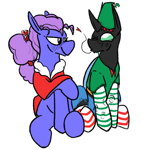 Size: 637x678 | Tagged: safe, artist:cammy, derpibooru import, oc, unofficial characters only, changeling, blushing, clothes, hat, image, kissy face, looking at each other, looking at someone, png, ribbon, socks