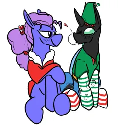 Size: 637x678 | Tagged: safe, artist:cammy, derpibooru import, oc, unofficial characters only, changeling, blushing, clothes, hat, image, kissy face, looking at each other, looking at someone, png, ribbon, socks