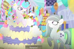 Size: 2048x1358 | Tagged: safe, artist:gelians, derpibooru import, marble pie, oc, oc:sweetie swirl, bat pony, balloon, bat pony oc, bat wings, blue tongue, cake, canterlot, duo, femboy, food, image, male, multicolored hair, party, png, text, wings