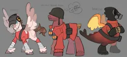 Size: 2048x923 | Tagged: safe, artist:creedei, derpibooru import, ponified, dragon, pegasus, pony, unicorn, gray background, image, jpeg, male, pyro, scout, simple background, soldier, spread wings, stallion, team fortress 2, text, trio, wings